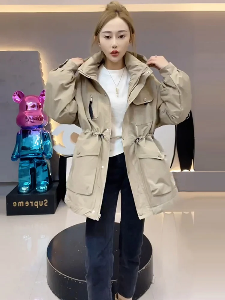 

Женская повседневная свободная рабочая куртка-пальто 2026 года, новая модная модель, маленький размер, средней длины, с капюшоном, утепленная хлопком