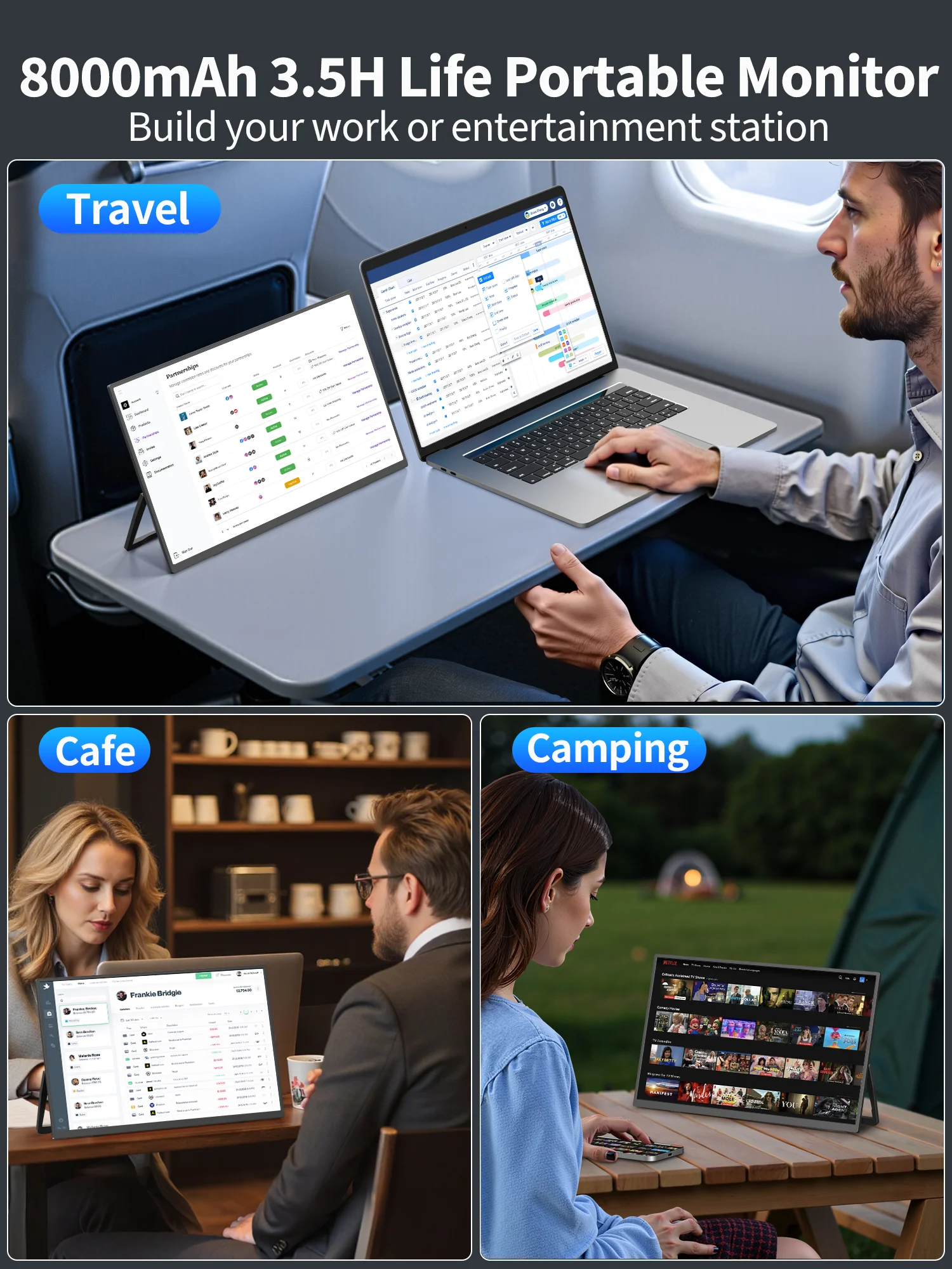 Amoudo draadloze mobiele monitor 15,6 inch 1920 x 1080 mobiel display Ingebouwde batterij Vrijstaande standaard IPS draagbare monitor