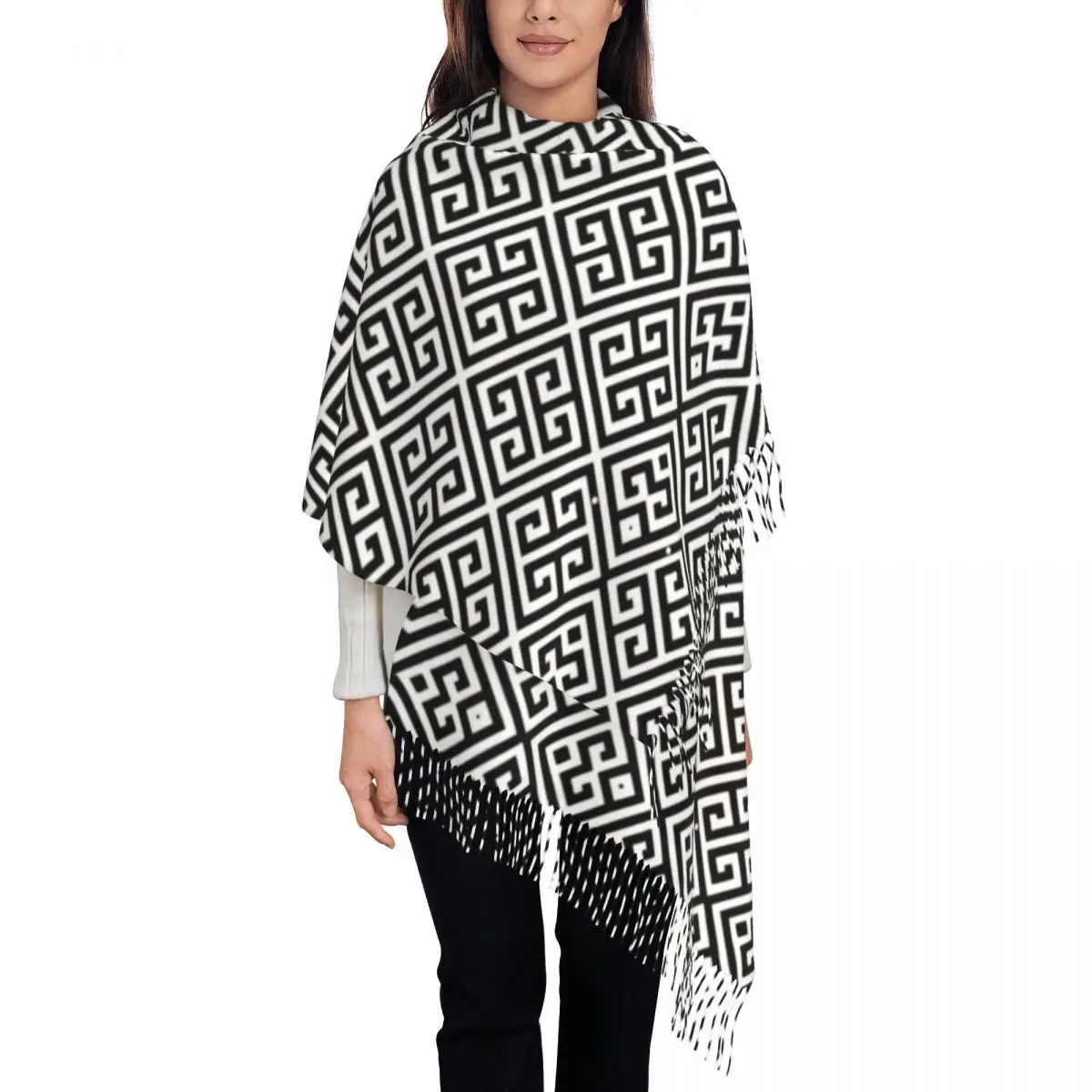 Custom Print Greek Meander Black And White Design Scarf Women Men Winter Fall Warm Scarves Shawls Wraps