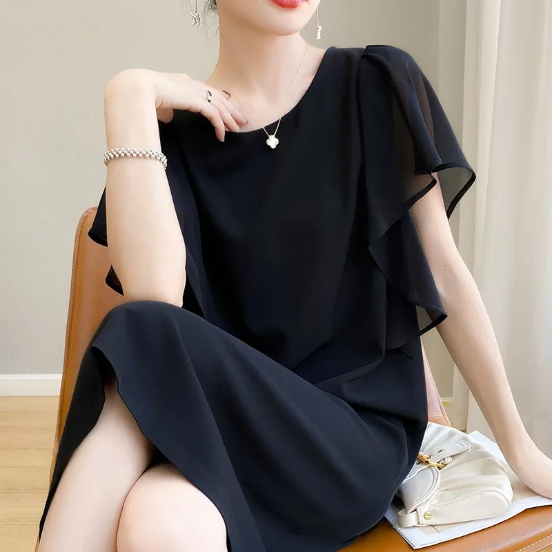 فستان نسائي صيفي 2025 فضفاض للتنحيف ort Sve Dr Bla من الساتان على شكل حرف a تنورة خل الأم قابلة للتنقل