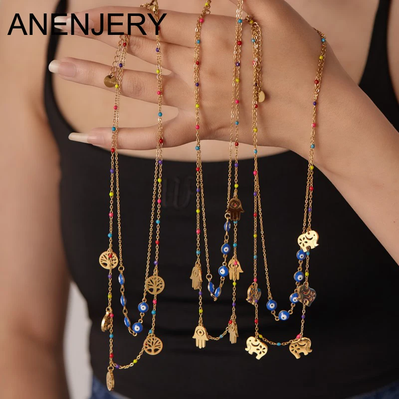 ANENJERY 316L Stainless Steel Double Layer Colored Beads Eye Tree Elephant Palm Butterfly Cross Heart Chain Necklace for Women