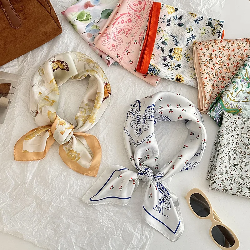 

68cm Simple Seagull Printed Square Scarf Stylish Imitation Silk Satin Shawl Spring Autumn Thin Sunscreen Headscarf for Women