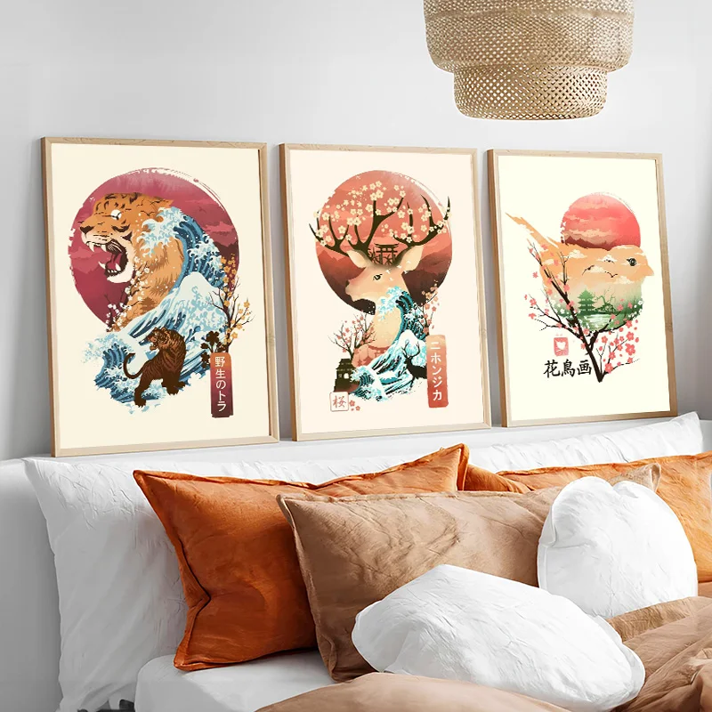 Japanese Ukiyo E Red Panda Cat Bird Tiger Deer Animals Vintage Poster Print Canvas Painting Wall Art Picture for Room Home Decor