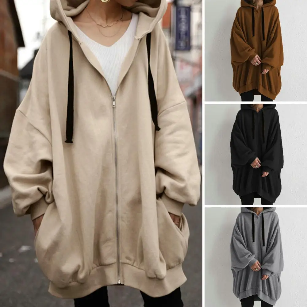 Women Autumn Hooded Drawstring Sweatshirt Coat Long Sleeve Pockets Zipper Placket Mid-length Solid Color Knitted Hoodie Outwear