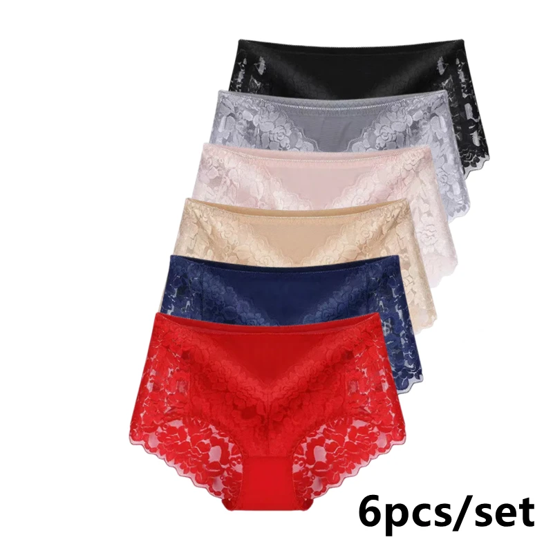 

6pcs/set Lace sexy mesh women's Panties mid-high waist underwear large size Lingerie for women briefs plus size 4xl 5xl bragas