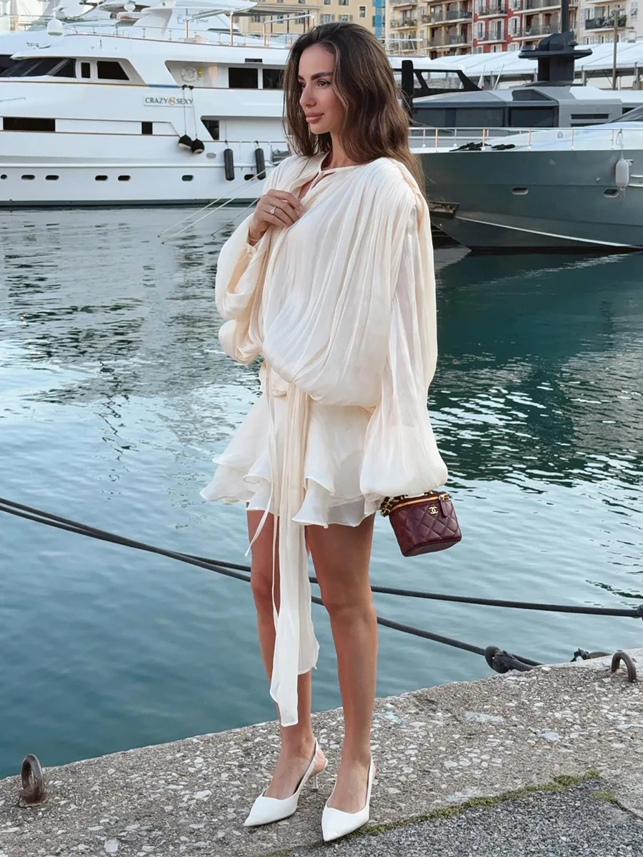 Mini robe portefeuille sexy à col en V pour femme – Robe élégante à lacets de style caraco avec épissure de manches, tenue de soirée de couleur unie