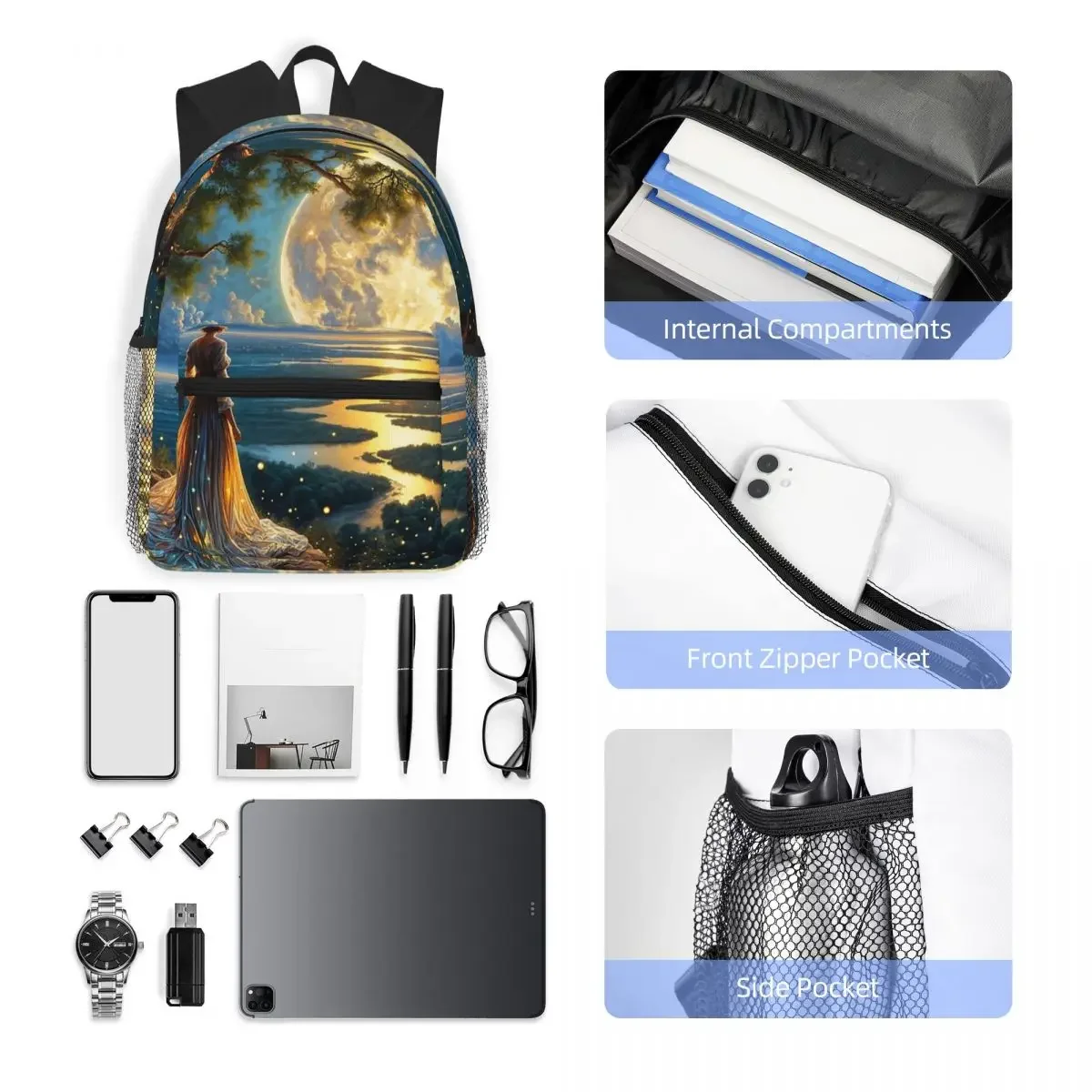 حقيبة ظهر Magical Moonrise Daypack ذات سعة كبيرة للأولاد والبنات حقيبة كتب مدرسية حقائب كتف للرجال والنساء