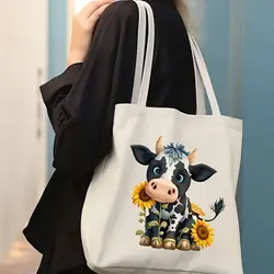 Borsa tote in tela con stampa mucca girasole carina da donna Borsa a tracolla da spiaggia di grande capacità per studenti Borsa da viaggio casual per lo shopping da donna