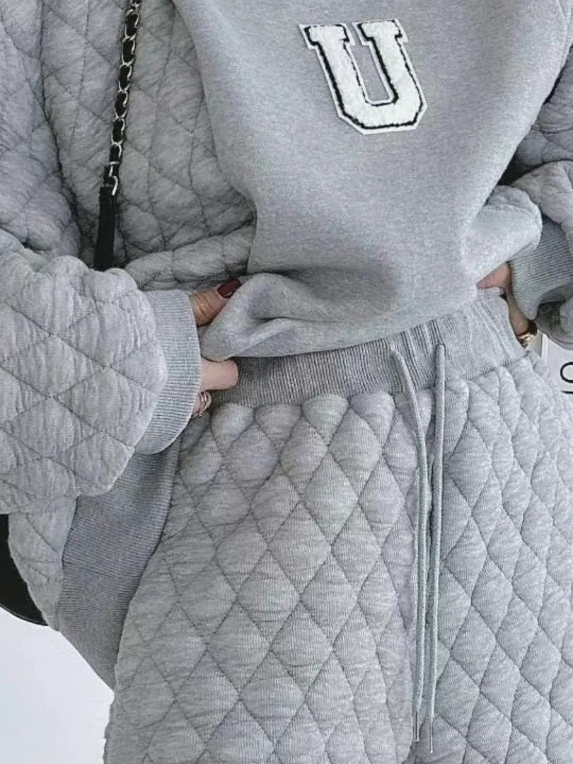 

Chic Autumn Winter Vintage Anti-Aging Letter Patchwork Diamond Long Sve Sweatirt High Waist Casual orts Women Set