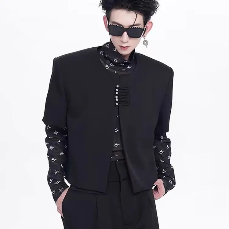 

Men's ort Sve Suit Jaet oulder Pads High-End Feeling Summer Faionable Youth Stand Fit Chinese Sle St...
