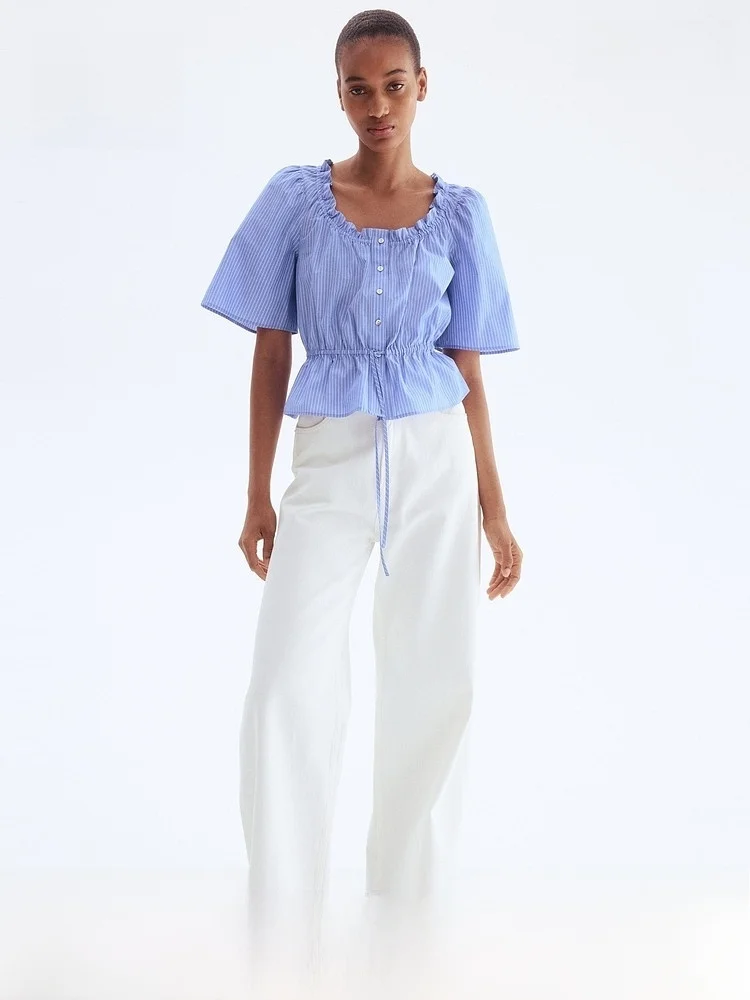 

H&M Cotton irt Spring Faion Women's Ruffle Hem Top Casual Sle ort Sve Regular Length for Young Women 25-29