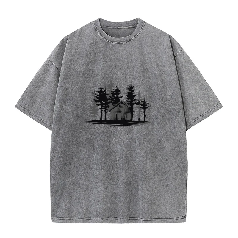 Outdoor Forest Washed Retro T Shirts Retro Short Sleeve Geek Combed cotton Crew Neck Women's Tops Tees Washed Tee Shirt Summer