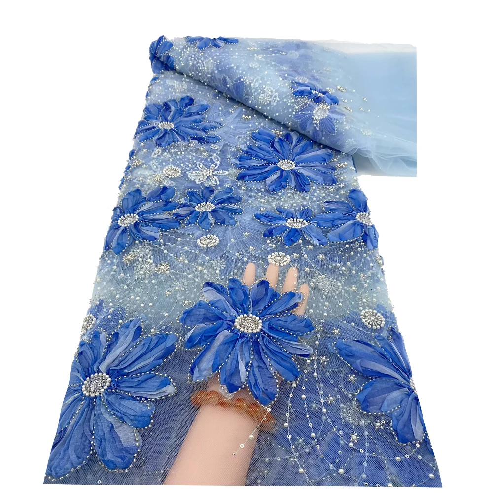 

Африканская 3D кружевная ткань с цветочным принтом и бисером, 2024, французская нигерийская тюлевая ткань с вышивкой и блестками, женское свадебное платье, шитье