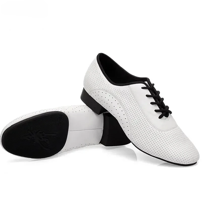 Men Salsa Tango Modern Leather Square Heels Adults Party Latin Dance White Low Heel Ballroom Dancing Shoe Rumba Jazz Shoes