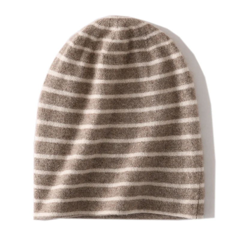 

High Quality Autumn Winter 100% Cashmere Hat, Women's Knitted Striped Warm Hat, casual and Fashionable Ear Protection Soft Hat