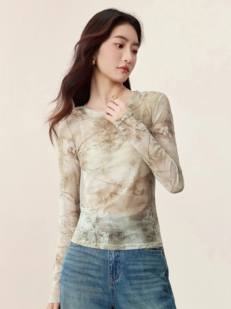 

SENTUBILA Women's Print T-shirt 2025 Autumn Casual Sheer Mesh Slim Fit H-line O-neck Knitted Pullover Elegant Tops 153TE2713