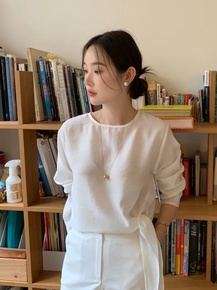 

Chic Design round Ne Tie Drape Long Sve Women's Chiffon irt Loose Versatile Korean Sle Commute Pure Color Top