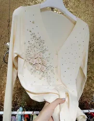New Autumn 2025 Beaded Flowers Stitch Knitwear Cardigan Women's V-Neck Rhinestones Slim Fit Long Sleeve Thin Sweater Coat Tops