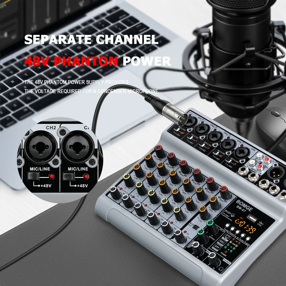 BOMGE BM-07 Audio Mixer,7 Channel Sound Board Mixing Console with Digital USB Bluetooth Echo Delay Effect 48V,Stereo DJ Mixers image 2