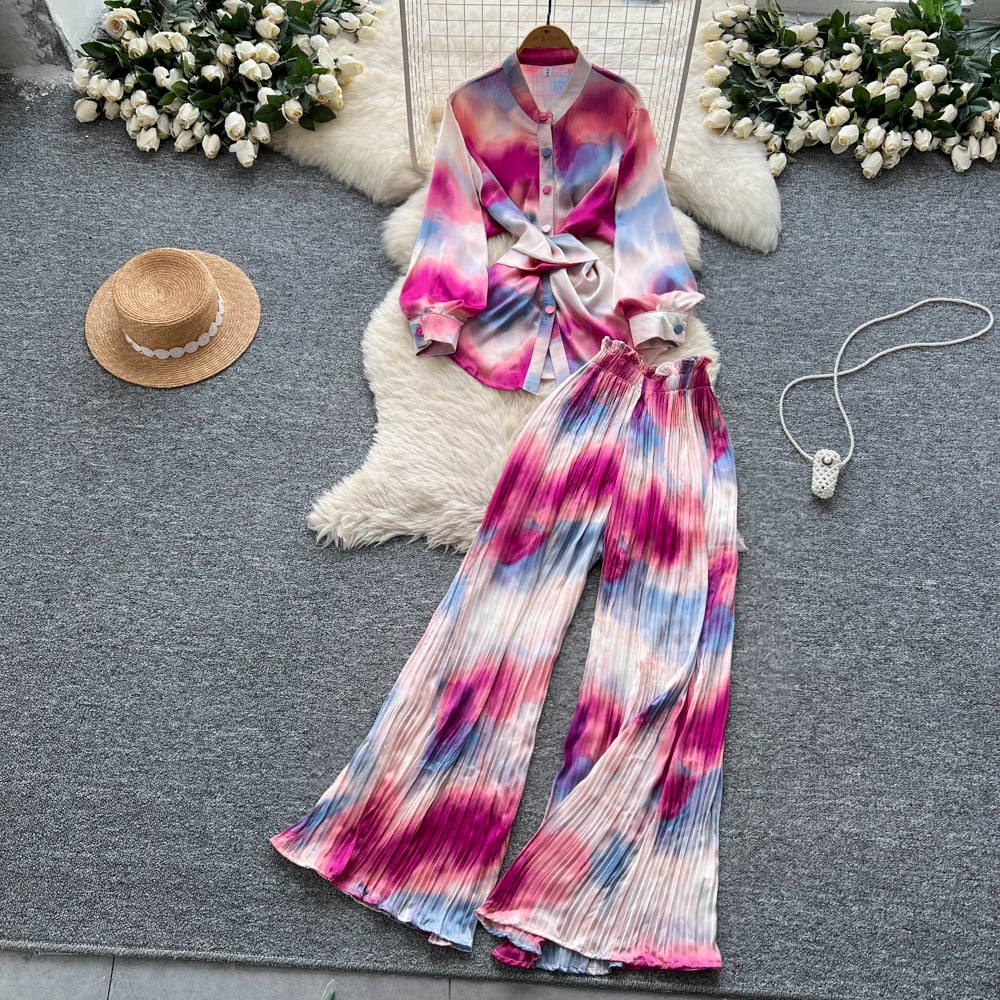 

SuperAen High-waist Pleated Wide-leg Pants Fashion European and American Style Design Crossed Straps Waists Shirt Two-piece Sets