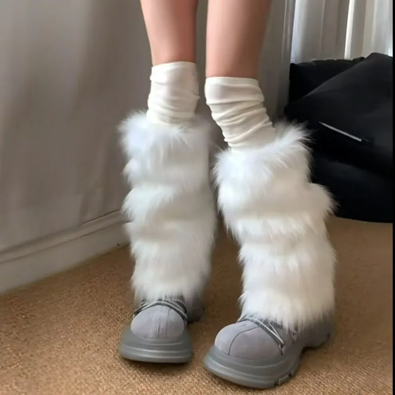 

Japanese Plush Fur Leg Warmers Girls Y2K Jk White Thicken Knee-length Stockings Keeping Warm Boots Cover Autumn Winter Long Sock