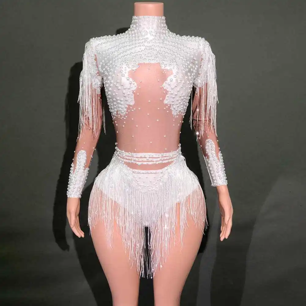 

New White Pearls Sequins Tassels Bodysuit for Women Sexy Performance Dance Costume Dancer Show Stage Wear Club Outfit