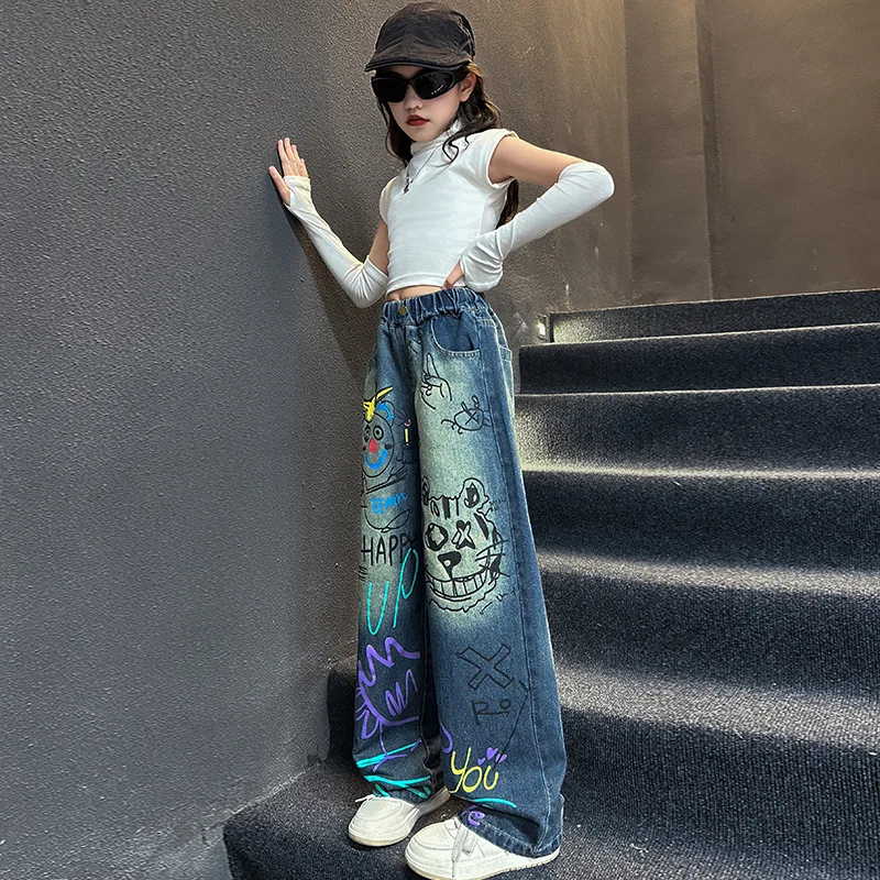 Kids Jeans for Girls Fashion Graffiti Dyeing 2024 Spring Autumn Hot Sales Teenager Unique Wide Leg Pants Korean Style Trousers