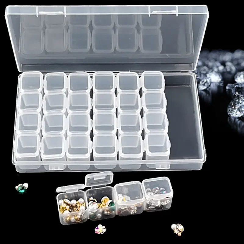 28 Cells Nail Art Storage Case Rhinestones Gems Accessories Clear Plastic Empty Container for Rhinestones Beads Organizer Box