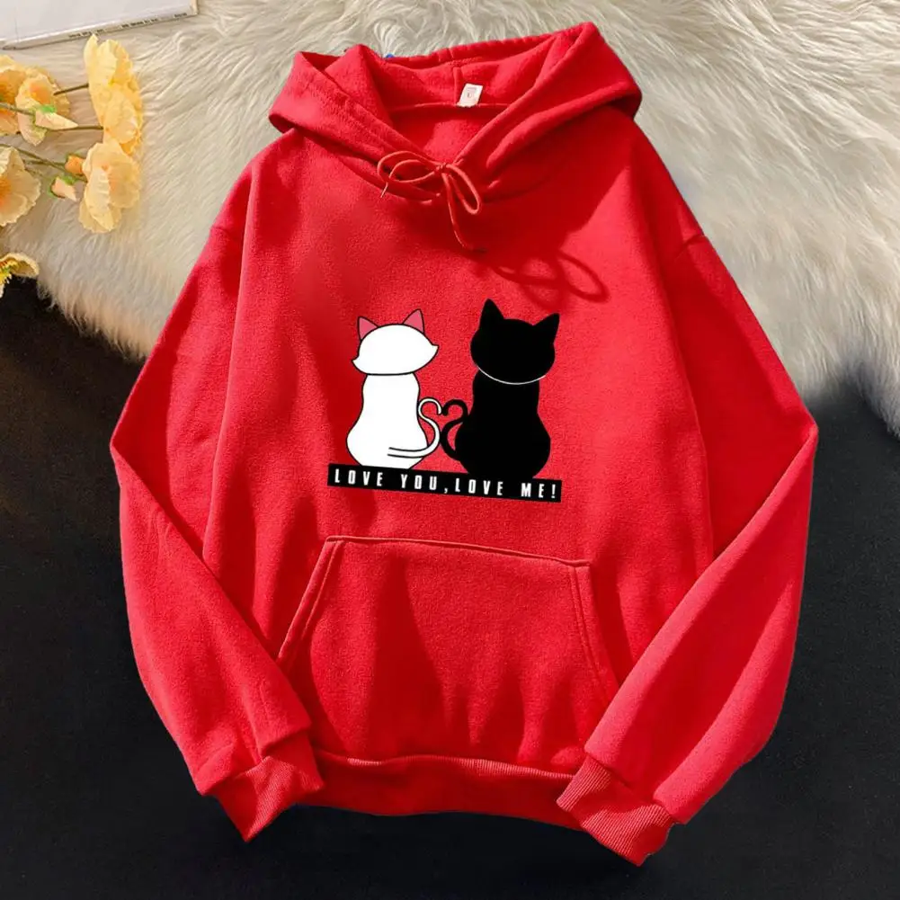 Cozy Women Hoodie Warm Cozy Cartoon Cat Print Hoodie for Couples Plush Pullover with Drawstring Elastic Cuffs Patch Pockets