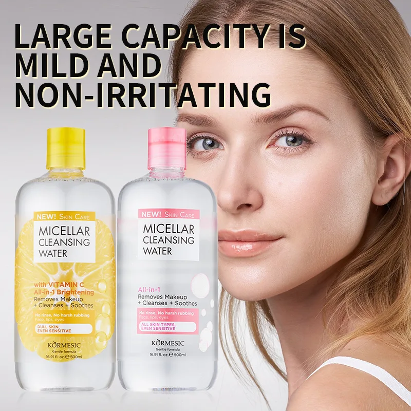 Agua Micelar KORMESIC 500ml – Vitamina C Iluminadora / Ácido Hialurónico Hidratante, Elimina y Limpia, Sin Enjuague, Para Rostro/Labios/Ojos