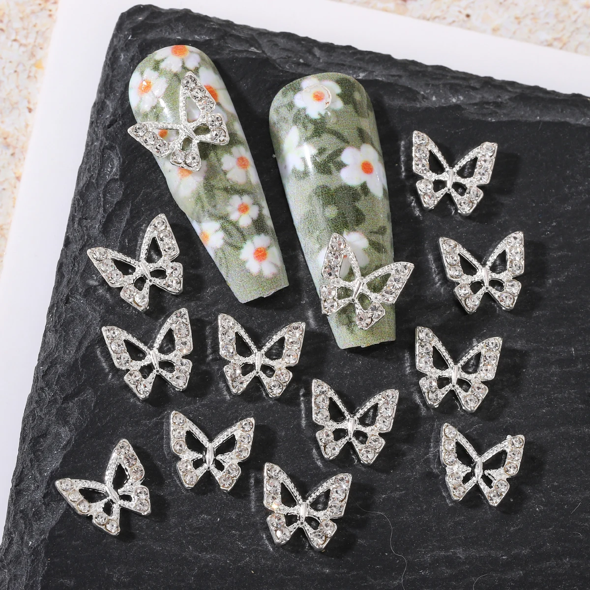 10 pcs/ bag Silver alloy butterfly nail rhinestone patch stereo hollow butterfly nail metal diamond, rhinestone nail accessories