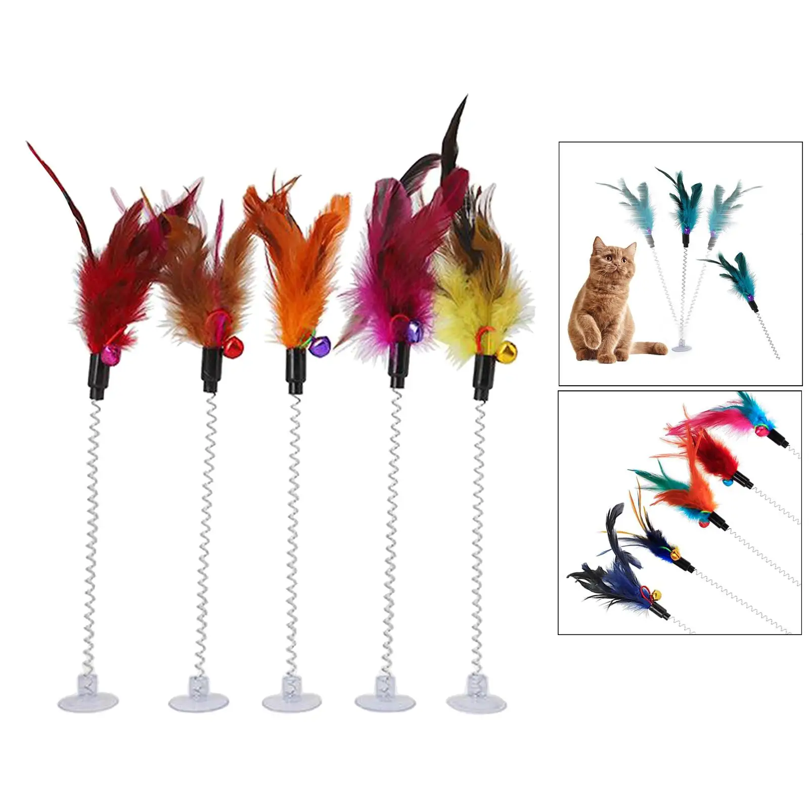 2-6pack Cat Teaser Wand 5PC Wire Spring Cat Toy with Feather and Bell Sucker