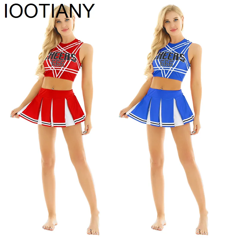 Cheerleader Costume Women Japanese Schoolgirl Cosplay Uniform Girl Sexy Lingerie Sleeveless Crop Top with Mini Pleated Skirt Set