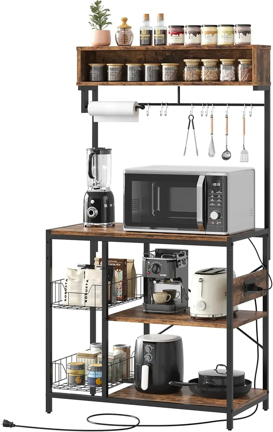 Rack with Power Outlet, 5-Tiers Microwave Stand with Storage, Coffee Bar with Paper Holder & Wire Basket