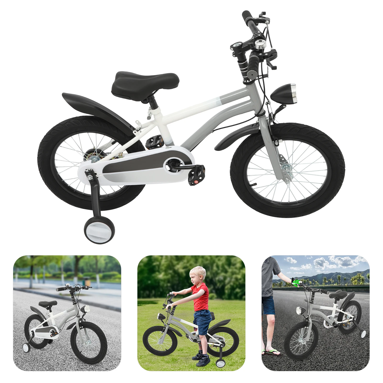 دراجة أطفال مقاس 16 بوصة، فرامل مزدوجة قابلة للتعديل، تحميل دراجة للأطفال 60 كجم مع عجلات تدريب + مصباح أمامي للأعمار من 5 إلى 8 سنوات (وردي/أخضر/رمادي)