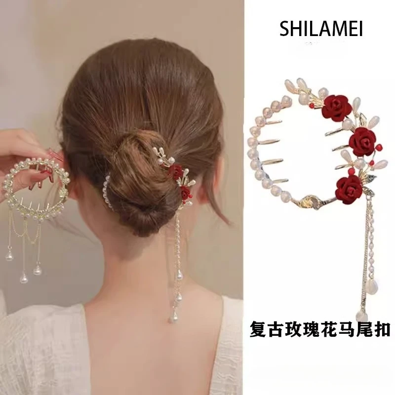 

2026 New Headwear Rose Flower Pearls Tassel Hair Clips for Women Lady Festivals Headdress High Ponytail Hair Clip Accessories