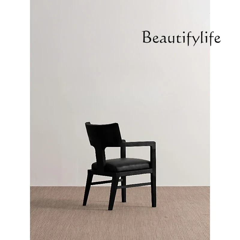 

XY Medieval Designer Home Restaurant Solid Wood Backrest Armrest Dining Chair Model Room Cafe Reception Black Leather