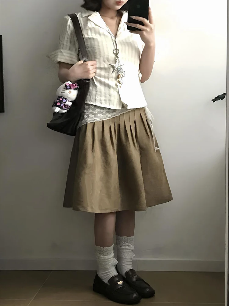 

Retro Korean Striped Short Sleeve Shirt Women's Summer 2026 New Commuter Brown Skirt Two-Piece Set Fashionable Casual Outfit