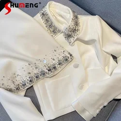 Casaco de strass de comprimento médio curto feminino, blazer clássico, top branco elegante, socialite francesa, indústria pesada, novo, outono