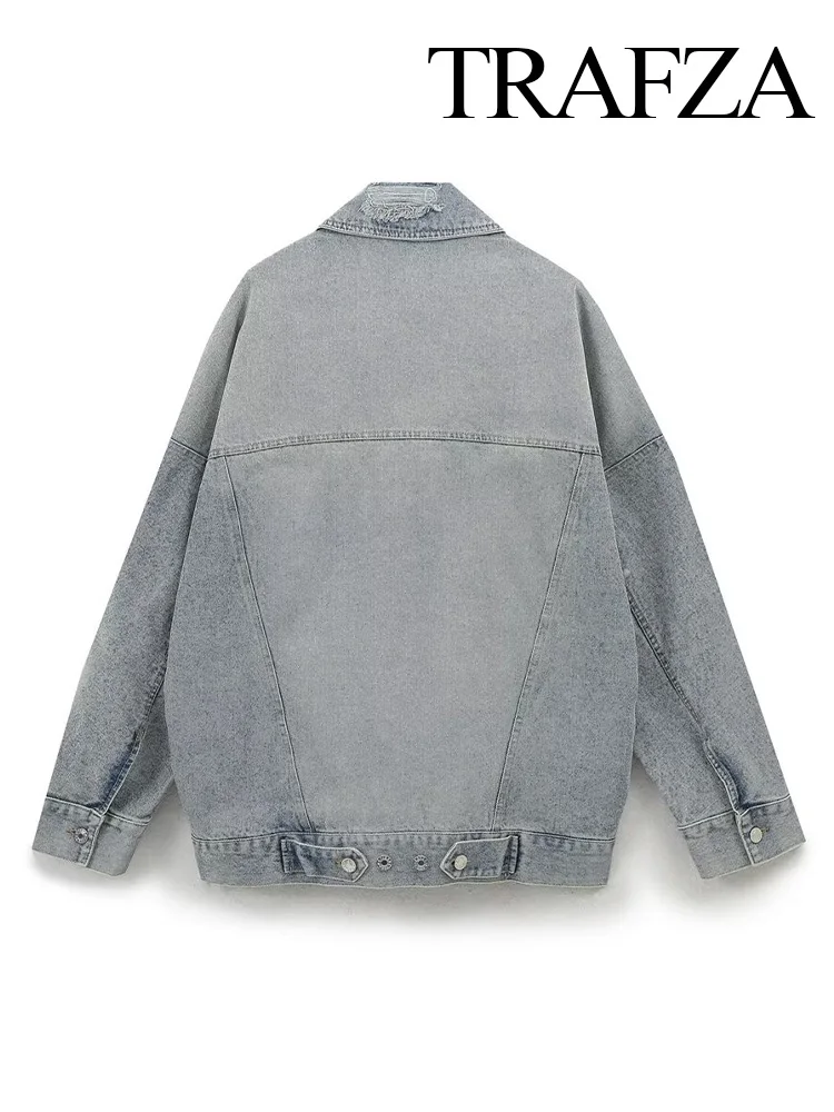 TRAFZA ฤดูใบไม้ร่วงผู้หญิงหลวมแขนยาวกระเป๋า DENIM แจ็คเก็ตหญิง Turn-Down COLLAR SINGLE Breasted High Street JACKET