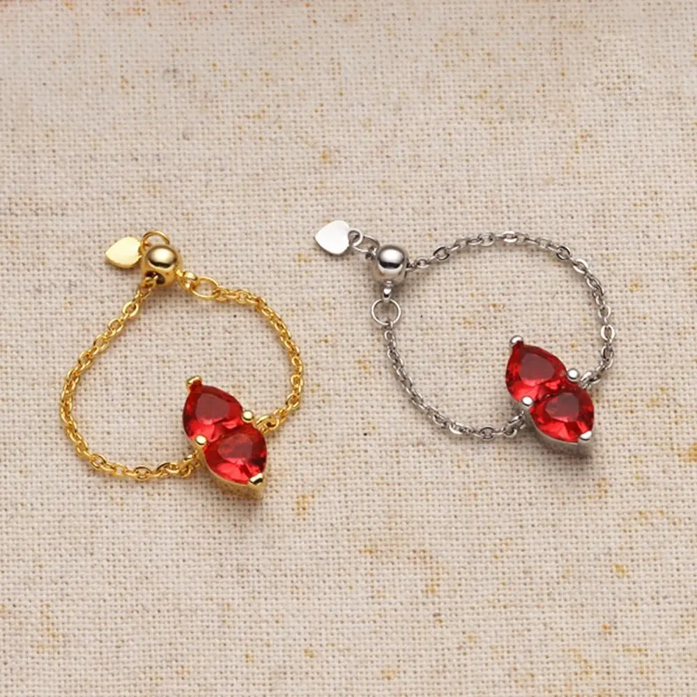 Anti-rust Double Heart Adjustable Chain Ring Exquisite Elegant Zirconia Chain Rings Simple Stackable Finger Jewelry Girls Gift