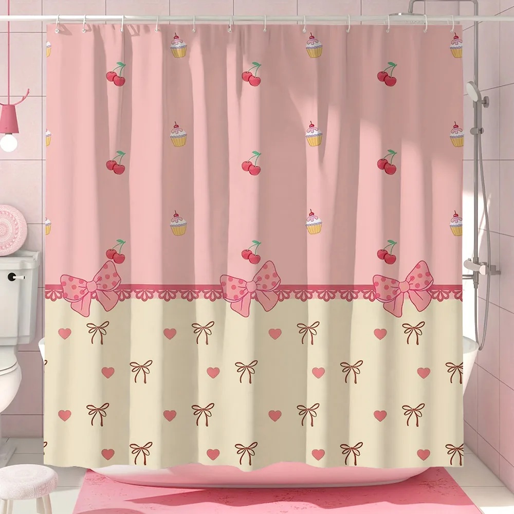 Cute Pink Bow Shower Curtain Simple European Lace Stripe Minimalist Modern Polyester Shower Curtains Bathroom Decor with Hooks