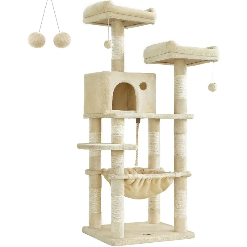 Cat Tree, 56.3-Inch Cat Tower for Indoor Cats, Multi-Level Cat Condo with 11 Scratching Posts, 2 Perches, Cave, Hammock