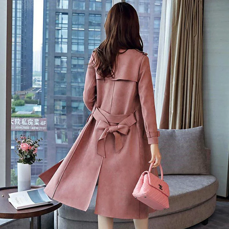 2024 Autumn New High Quality  Deerskin Velvet Windbreaker Women\'s Mid-Length Korean Women\'s Outwear Spring And Autumn Pink