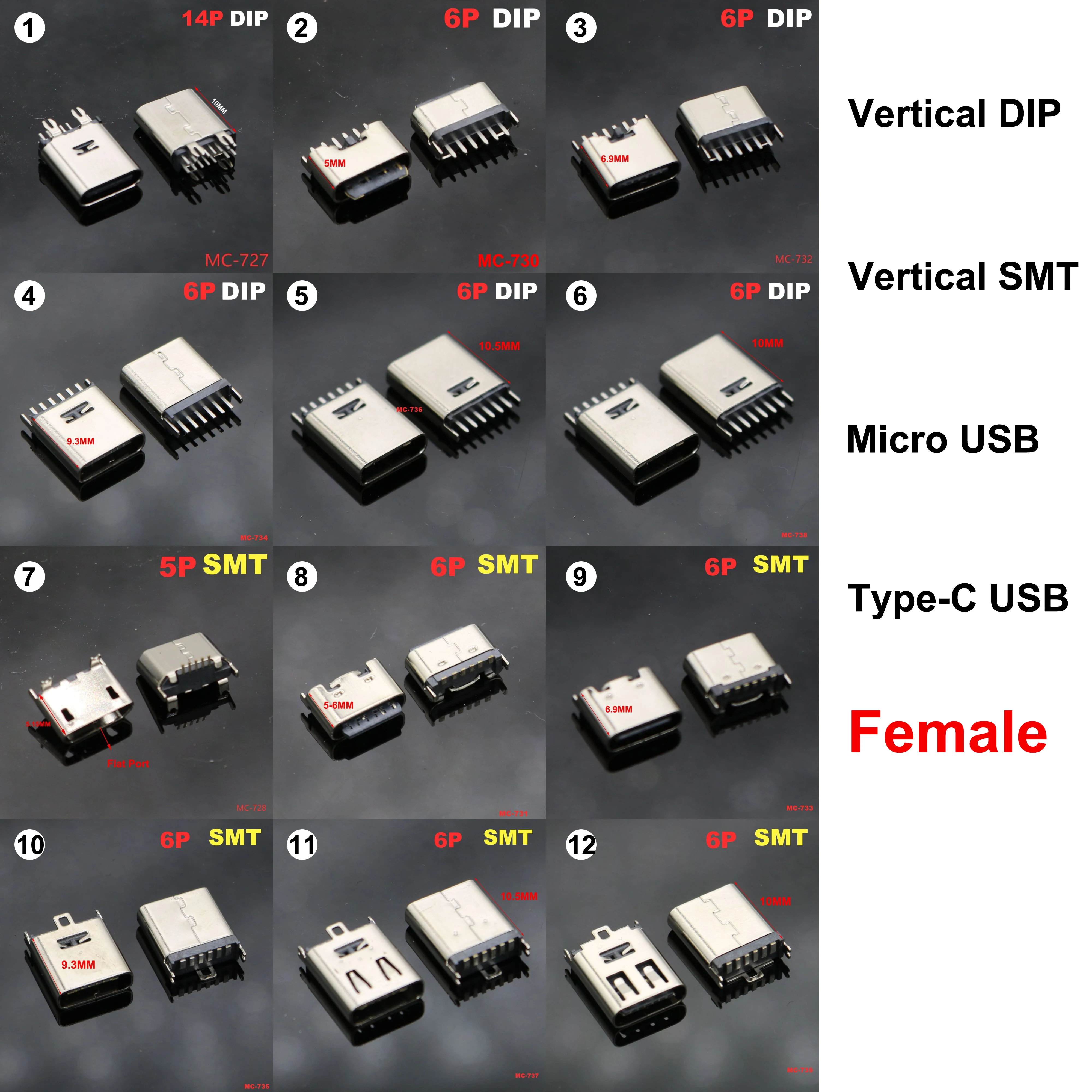 2pcs Vertical DIP SMT Micro Type-C USB Female jack 5P 6P In-line Panel Waterproof DIY Repair Connector H=5mm 10mm 6mm 7mm 10.5