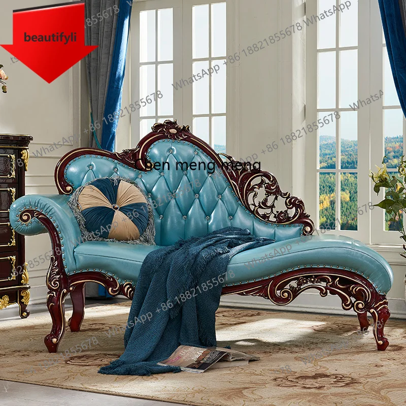 

X188 European leather chaise longue full wood carving flower double sofa leisure lazy sofa