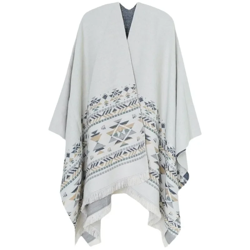 

Vintage Geometric Print V-Neck Poncho Women Tassles Cloak 2024 Spring Autumn Imitation Cashmere Shawl Travel Cardigan Warps