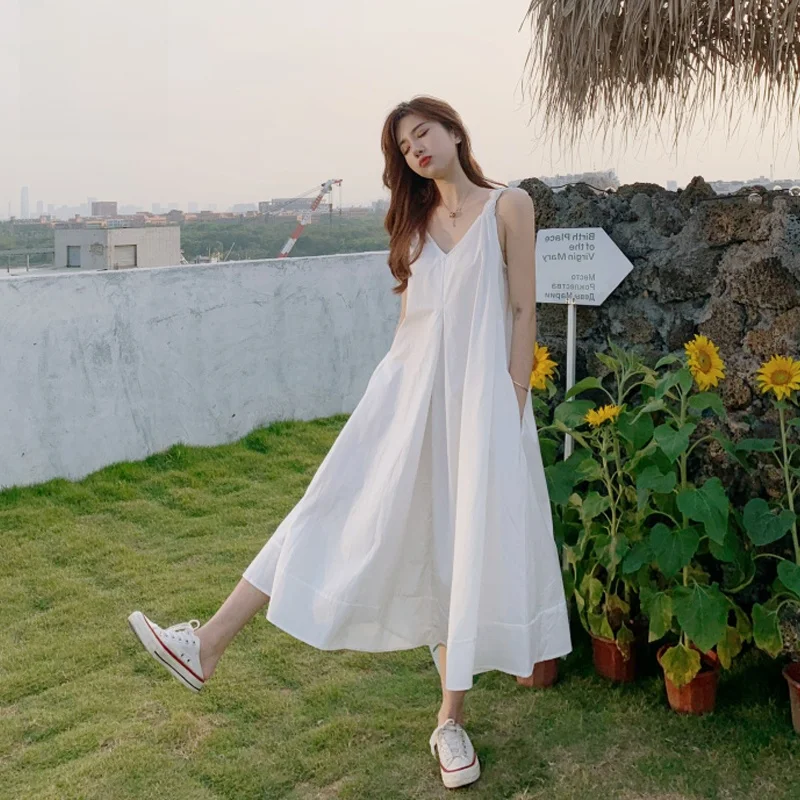 White Strapl V-Ne Summer Dr Women's Beach Vaion Beach Sand Skirt Super Fairy T Sanya Long Dr Korean Sle