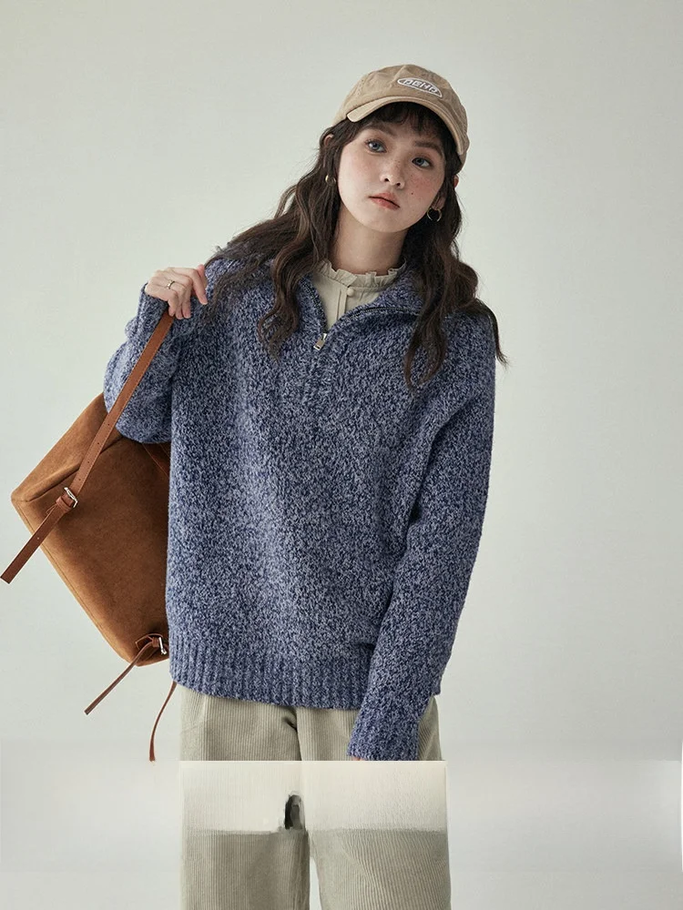 

AMUU Original Loose Women's Knitted Sweater Half Open Collar Pullover Woolen Top Casual Style Fashion for Young Ladies