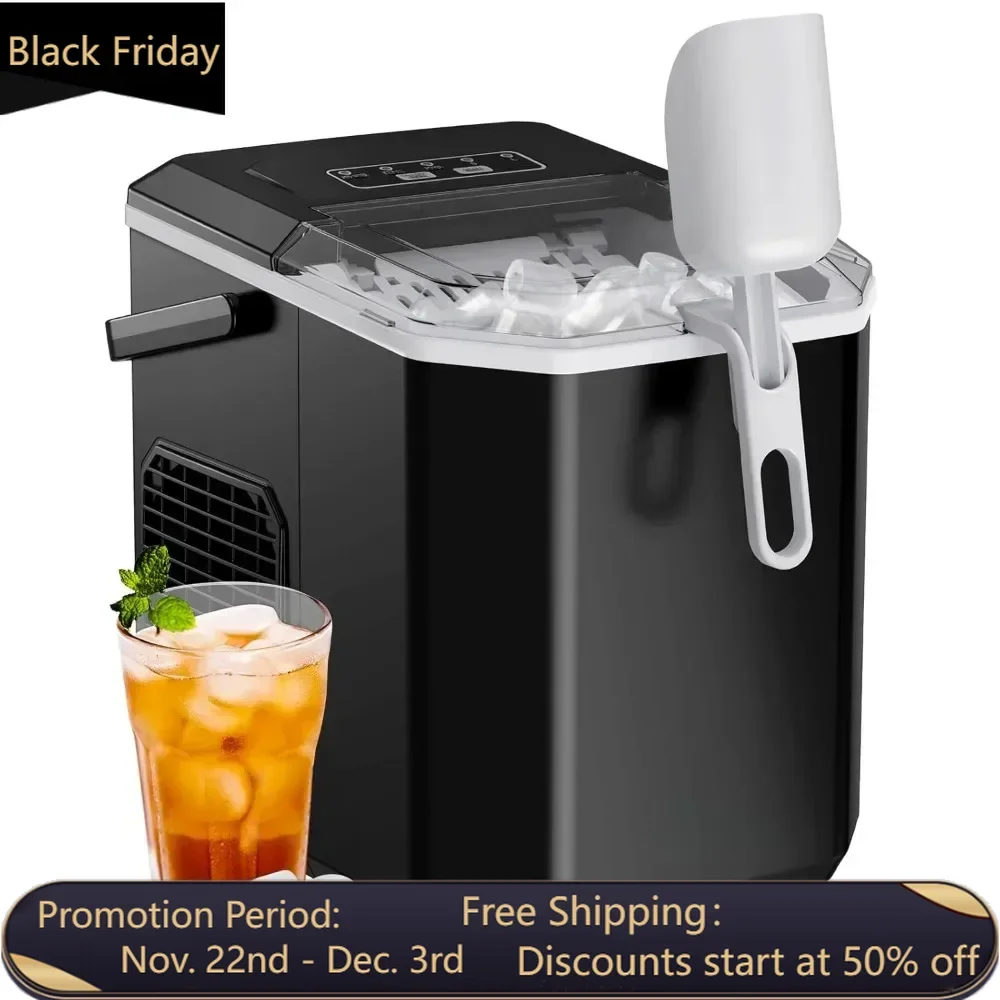 

Portable ice maker with handle, self-cleaning ice maker with basket and spoon, weighing 26 pounds per day